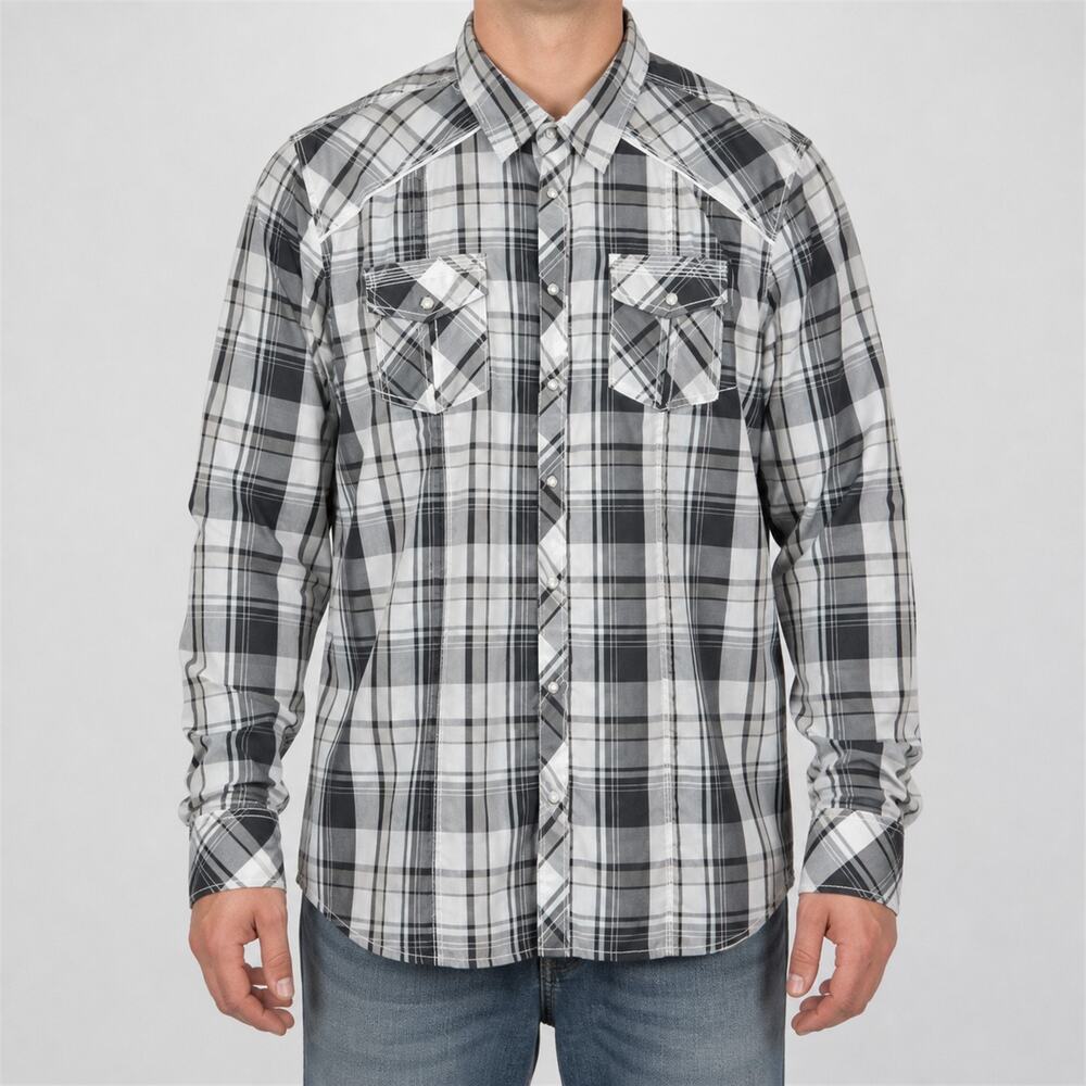 BKE Shirt Western Mens XL Black White Plaid Pockets Athletic Fit Pearl Snap